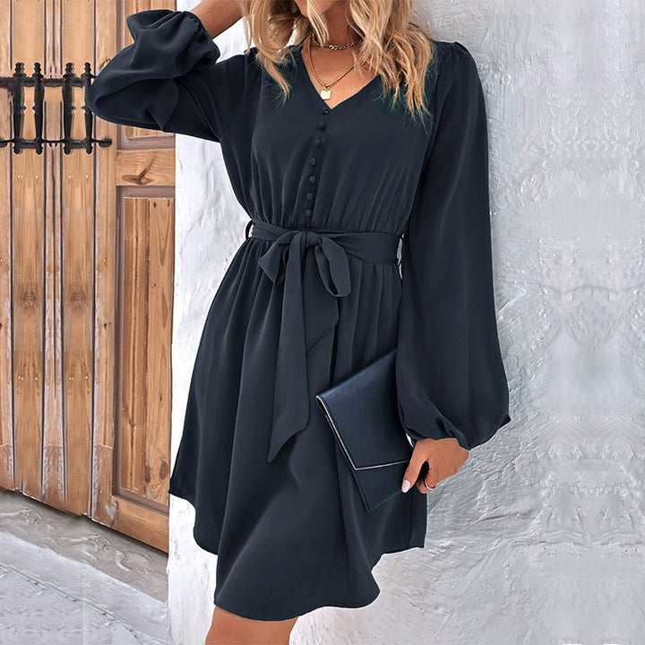 Women's Woven V - Neck Casual Long Sleeve Dress - Day Dress