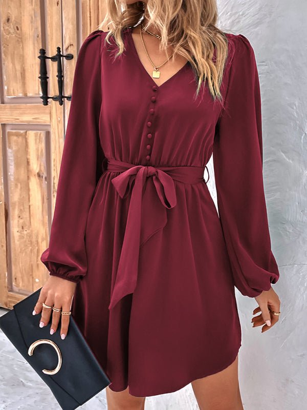 Women's Woven V - Neck Casual Long Sleeve Dress - Day Dress