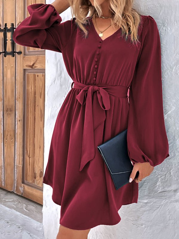 Women's Woven V - Neck Casual Long Sleeve Dress - Day Dress