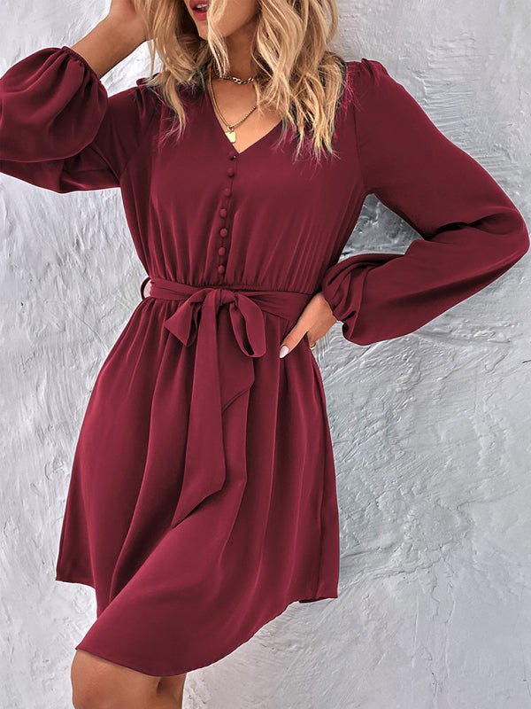 Women's Woven V - Neck Casual Long Sleeve Dress - Day Dress