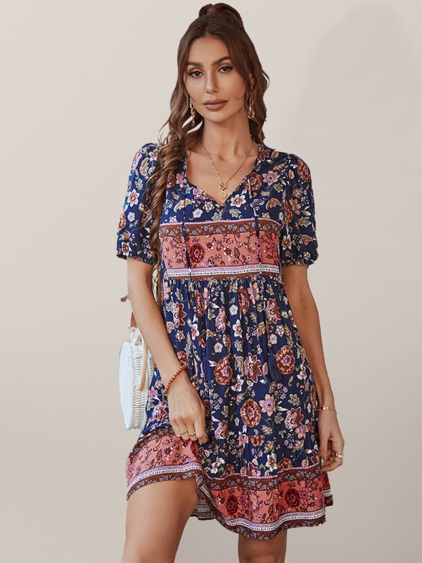 Women's Woven V - Neck Short Sleeve Bohemian Resort Dress - Vacation Dress