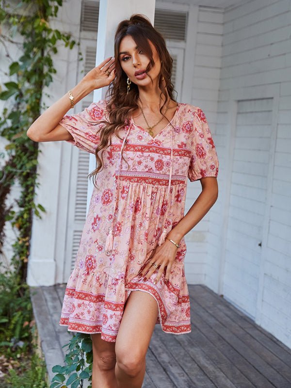 Women's Woven V - Neck Short Sleeve Bohemian Resort Dress - Vacation Dress