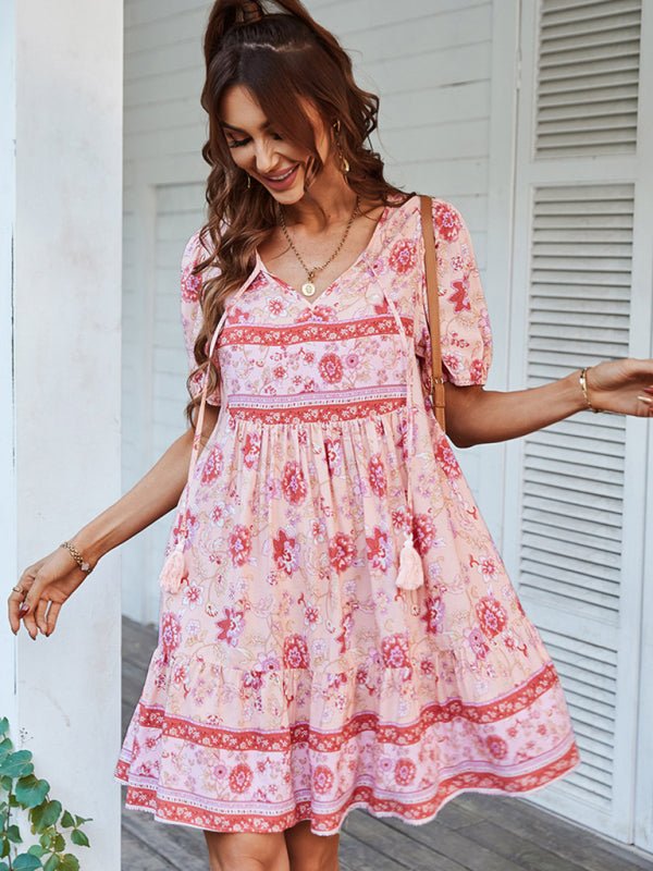 Women's Woven V - Neck Short Sleeve Bohemian Resort Dress - Vacation Dress