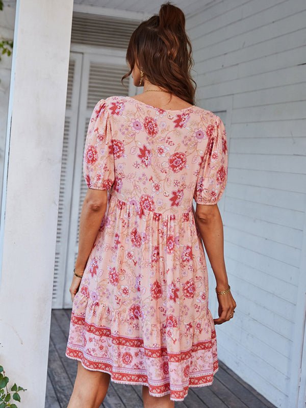 Women's Woven V - Neck Short Sleeve Bohemian Resort Dress - Vacation Dress
