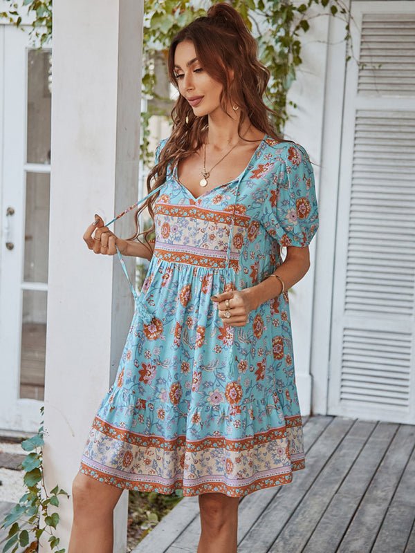 Women's Woven V - Neck Short Sleeve Bohemian Resort Dress - Vacation Dress