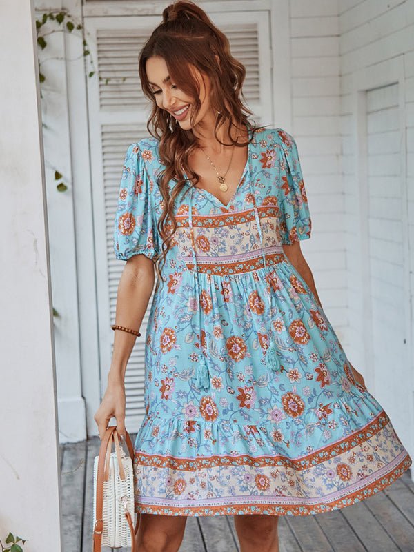 Women's Woven V - Neck Short Sleeve Bohemian Resort Dress - Vacation Dress