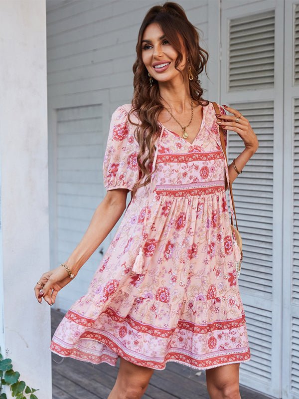 Women's Woven V - Neck Short Sleeve Bohemian Resort Dress - Vacation Dress