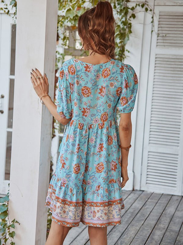 Women's Woven V - Neck Short Sleeve Bohemian Resort Dress - Vacation Dress