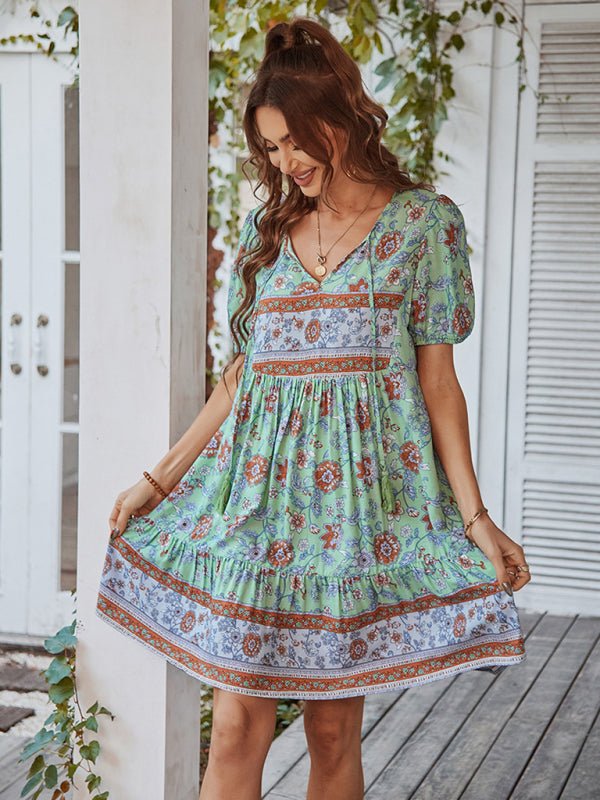 Women's Woven V - Neck Short Sleeve Bohemian Resort Dress - Vacation Dress