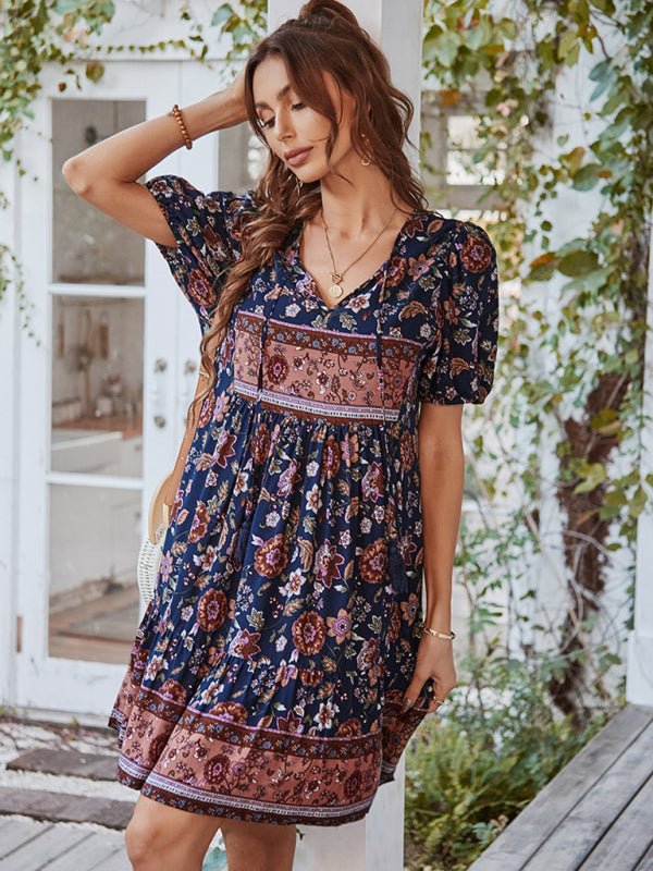 Women's Woven V - Neck Short Sleeve Bohemian Resort Dress - Vacation Dress