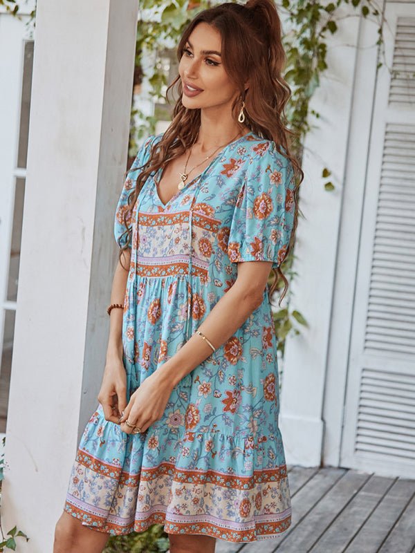 Women's Woven V - Neck Short Sleeve Bohemian Resort Dress - Vacation Dress