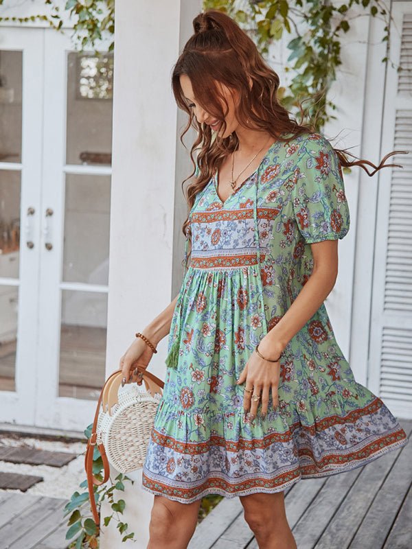 Women's Woven V - Neck Short Sleeve Bohemian Resort Dress - Vacation Dress
