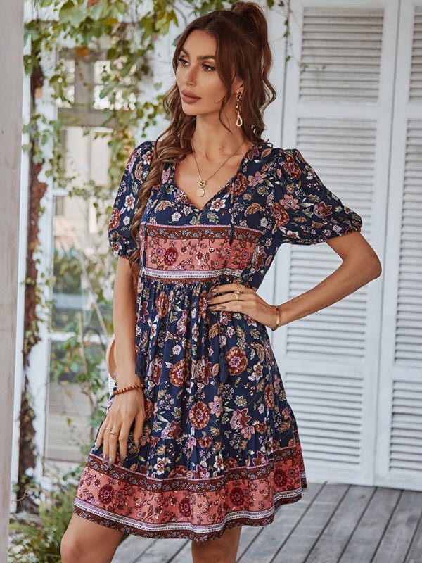 Women's Woven V - Neck Short Sleeve Bohemian Resort Dress - Vacation Dress