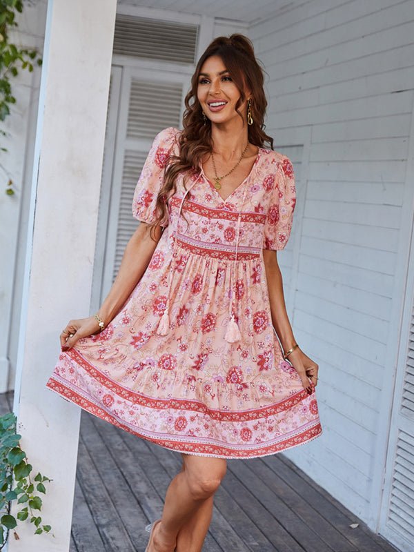 Women's Woven V - Neck Short Sleeve Bohemian Resort Dress - Vacation Dress