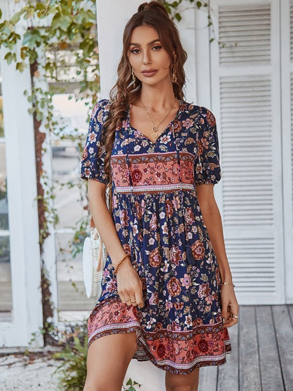 Women's Woven V - Neck Short Sleeve Bohemian Resort Dress - Vacation Dress