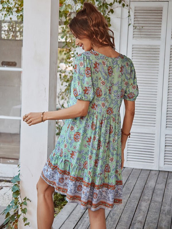 Women's Woven V - Neck Short Sleeve Bohemian Resort Dress - Vacation Dress
