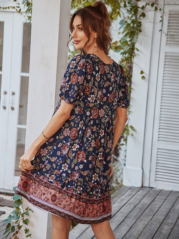 Women's Woven V - Neck Short Sleeve Bohemian Resort Dress - Vacation Dress