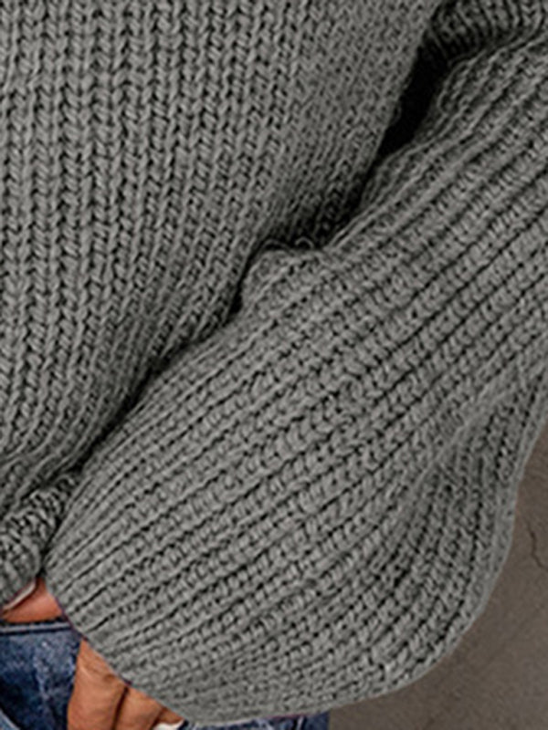 Women's zippered loose turtleneck long sleeve pullover sweater - Outerwear