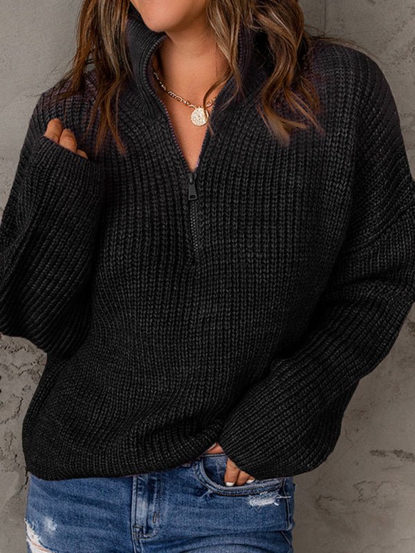 Women's zippered loose turtleneck long sleeve pullover sweater - Outerwear