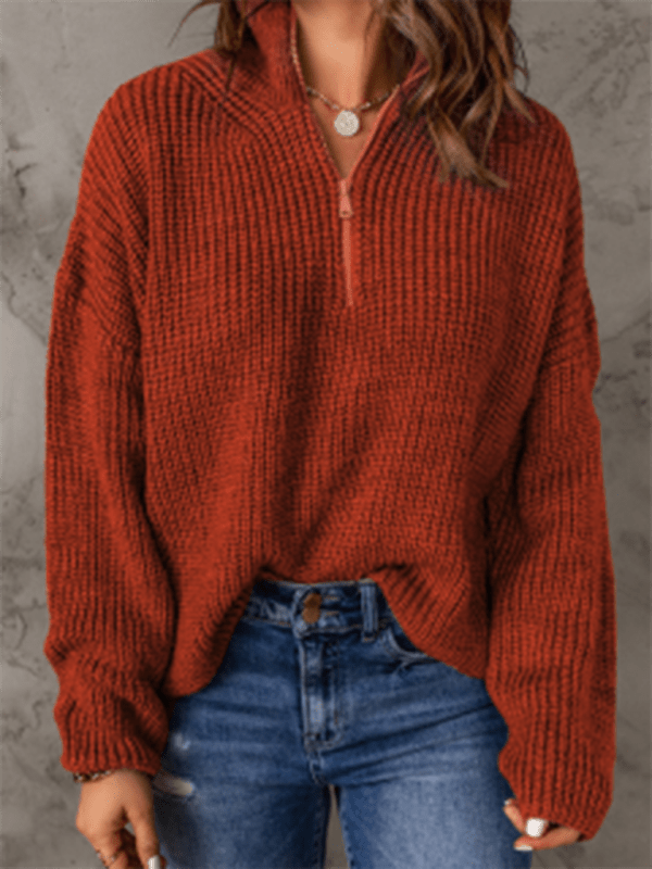 Women's zippered loose turtleneck long sleeve pullover sweater - Outerwear