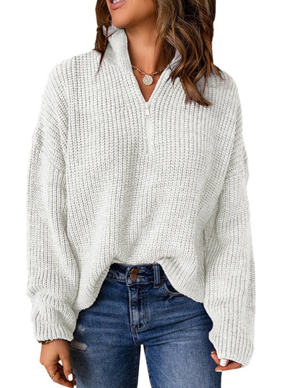 Women's zippered loose turtleneck long sleeve pullover sweater - Outerwear
