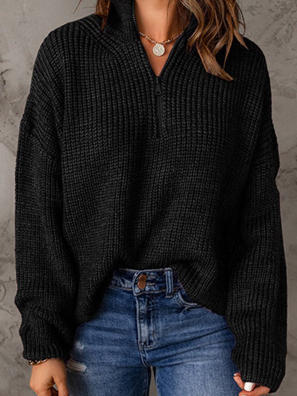 Women's zippered loose turtleneck long sleeve pullover sweater - Outerwear