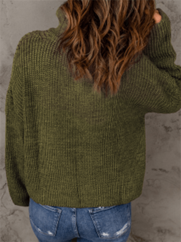 Women's zippered loose turtleneck long sleeve pullover sweater - Outerwear
