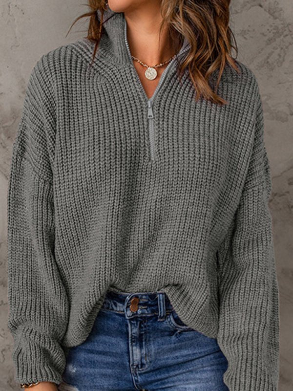 Women's zippered loose turtleneck long sleeve pullover sweater - Outerwear