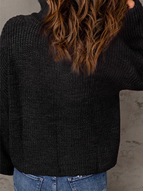 Women's zippered loose turtleneck long sleeve pullover sweater - Outerwear