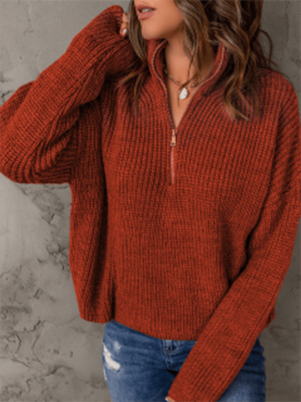 Women's zippered loose turtleneck long sleeve pullover sweater - Outerwear