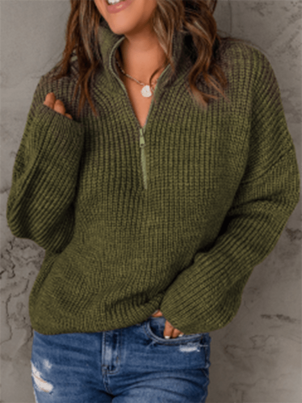 Women's zippered loose turtleneck long sleeve pullover sweater - Outerwear