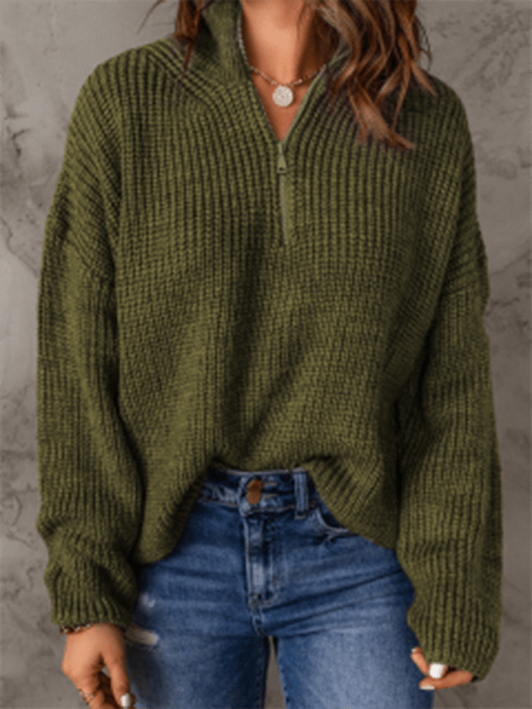 Women's zippered loose turtleneck long sleeve pullover sweater - Outerwear