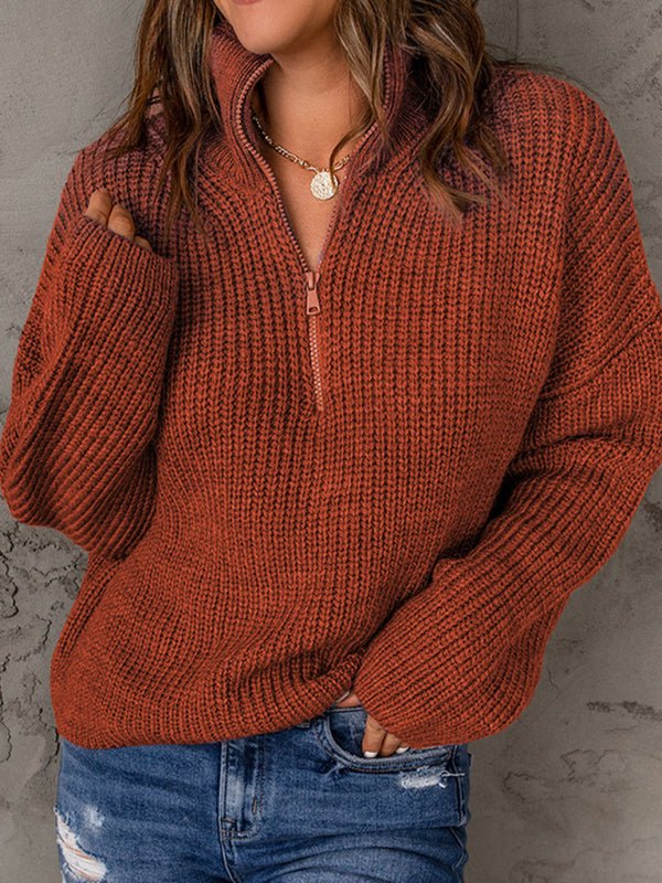 Women's zippered loose turtleneck long sleeve pullover sweater - Outerwear