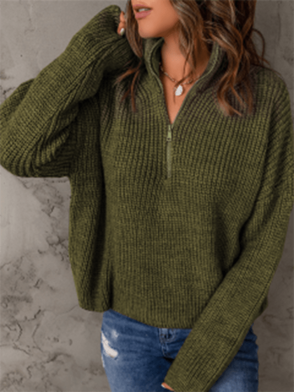 Women's zippered loose turtleneck long sleeve pullover sweater - Outerwear
