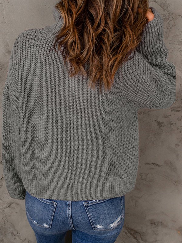 Women's zippered loose turtleneck long sleeve pullover sweater - Outerwear