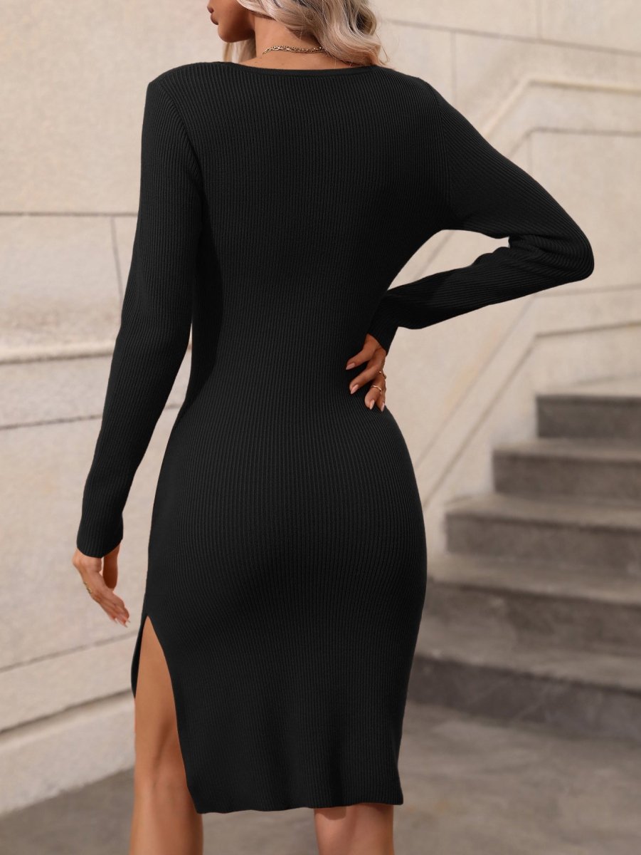 Woven Right Contrast Slit Sweater Dress - Sweater Dress