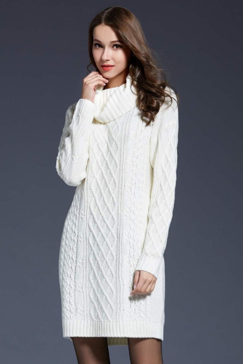 Woven Right Full Size Mixed Knit Cowl Neck Dropped Shoulder Sweater Dress - Sweater Dress