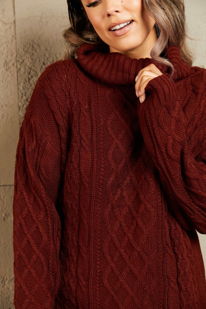 Woven Right Full Size Mixed Knit Cowl Neck Dropped Shoulder Sweater Dress - Sweater Dress