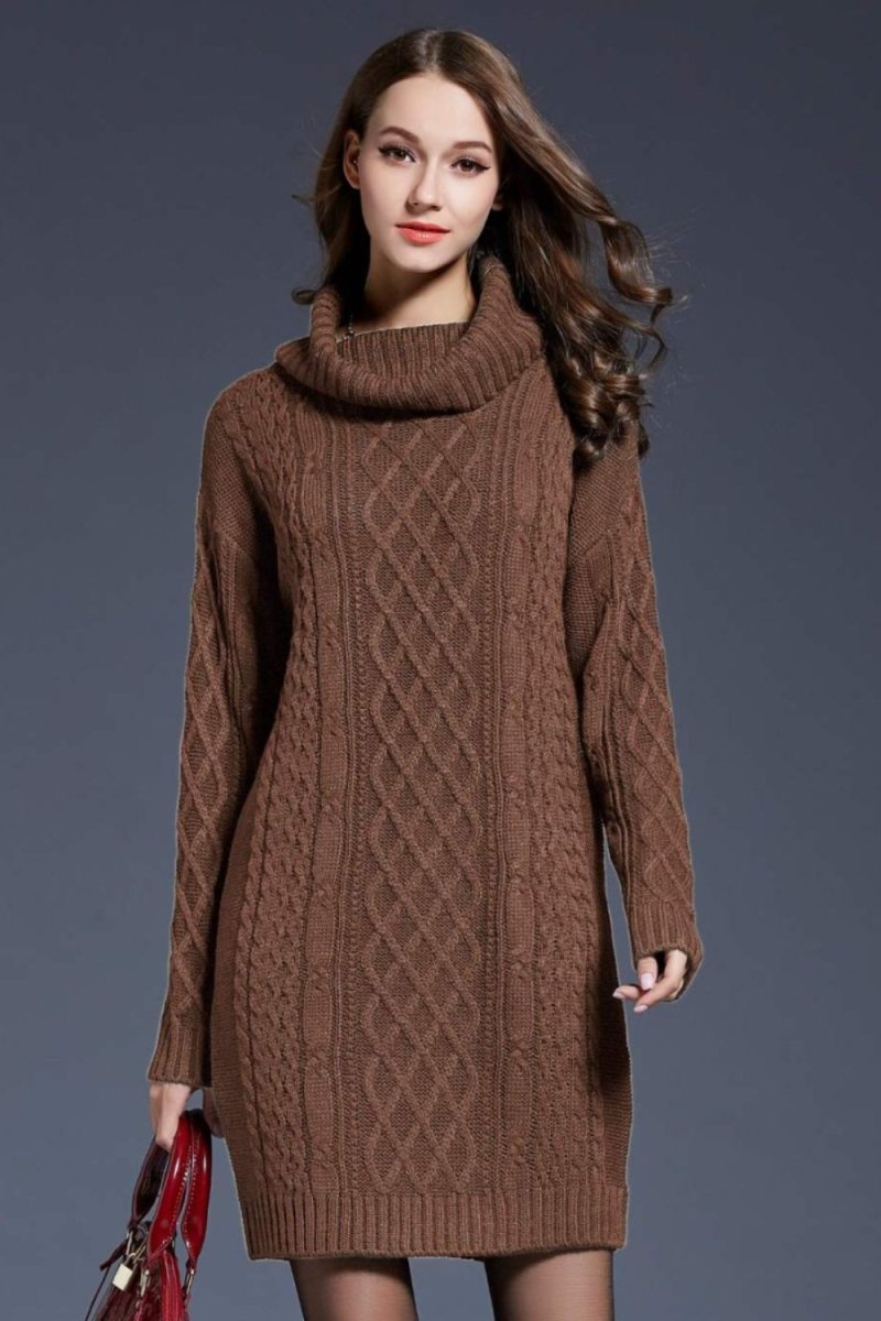 Woven Right Full Size Mixed Knit Cowl Neck Dropped Shoulder Sweater Dress - Sweater Dress