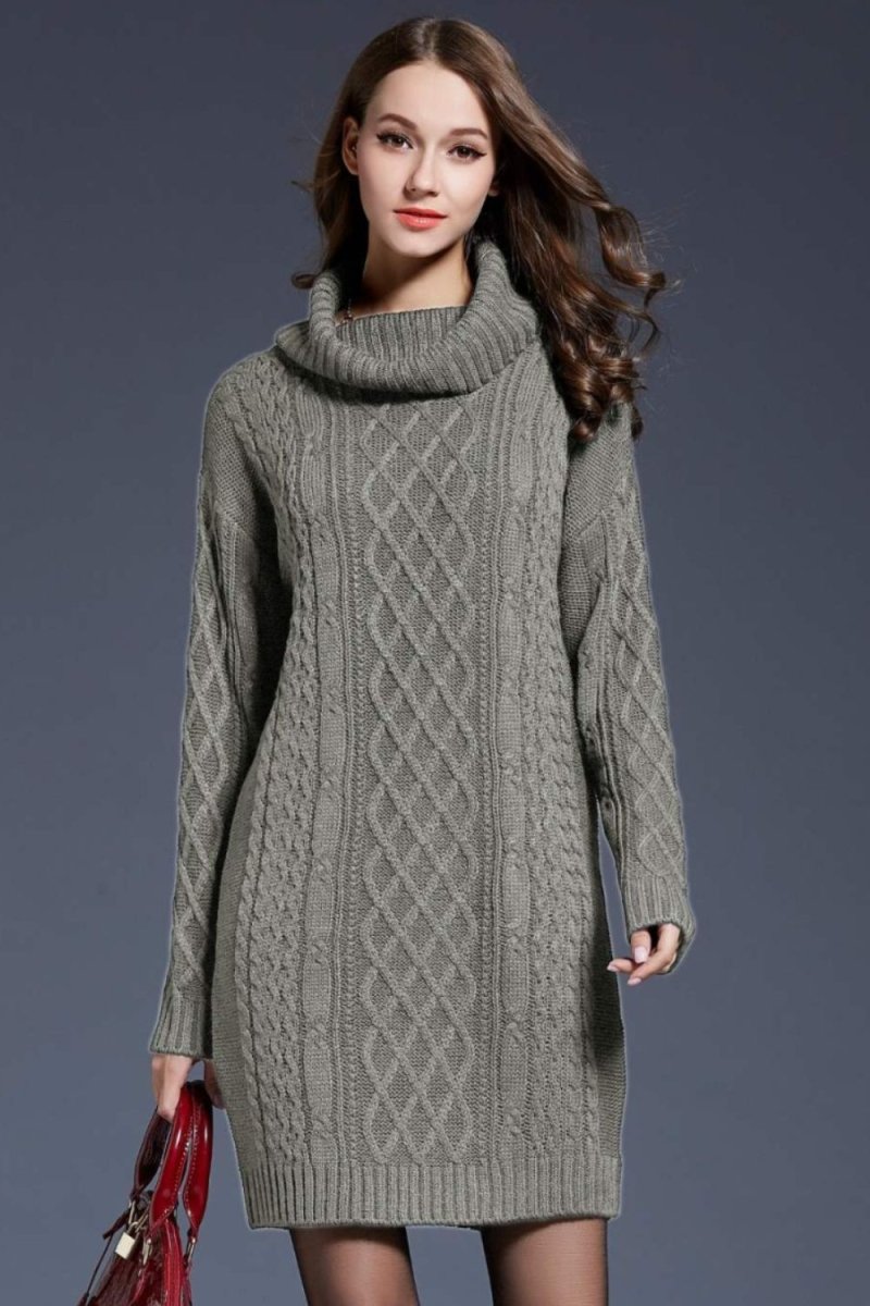 Woven Right Full Size Mixed Knit Cowl Neck Dropped Shoulder Sweater Dress - Sweater Dress