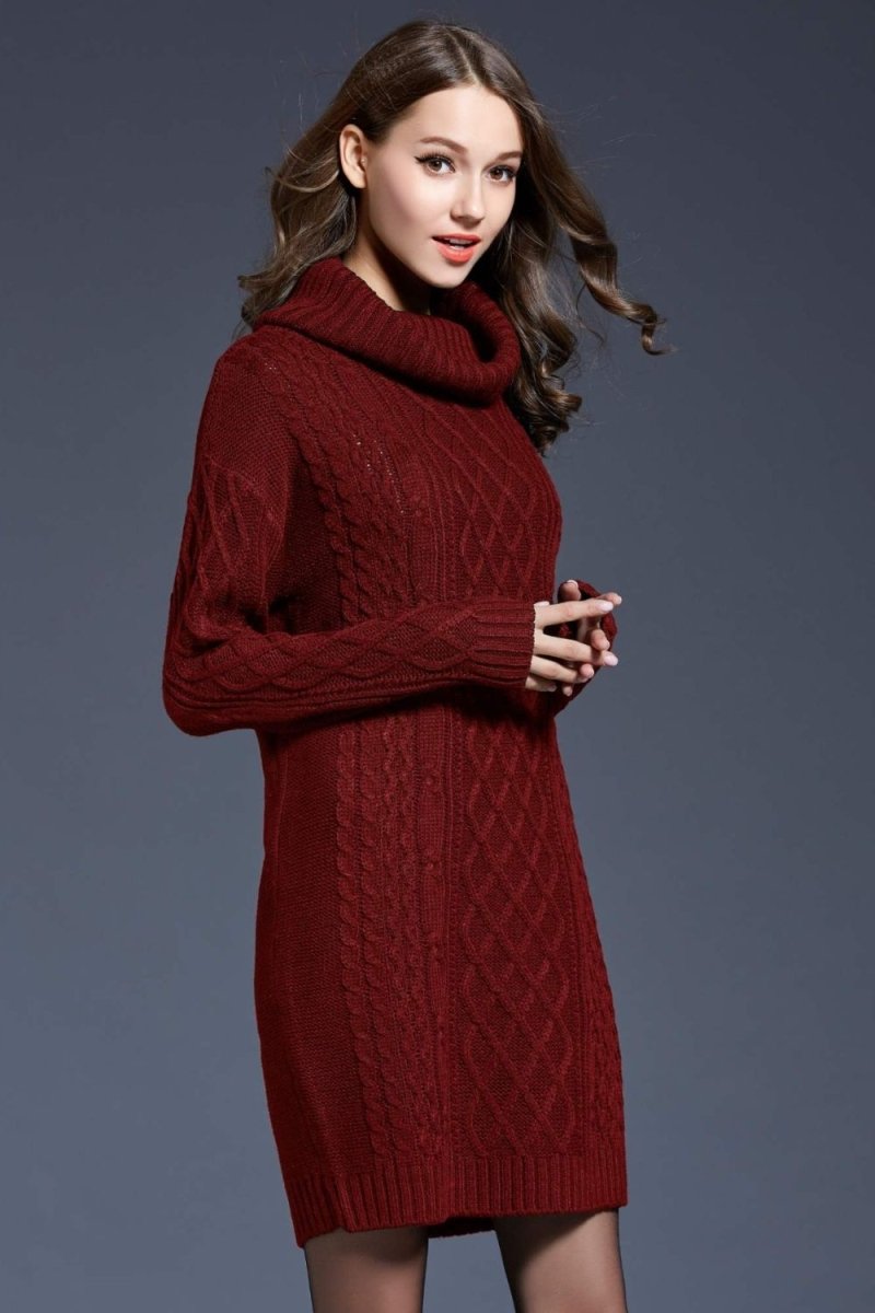 Woven Right Full Size Mixed Knit Cowl Neck Dropped Shoulder Sweater Dress - Sweater Dress