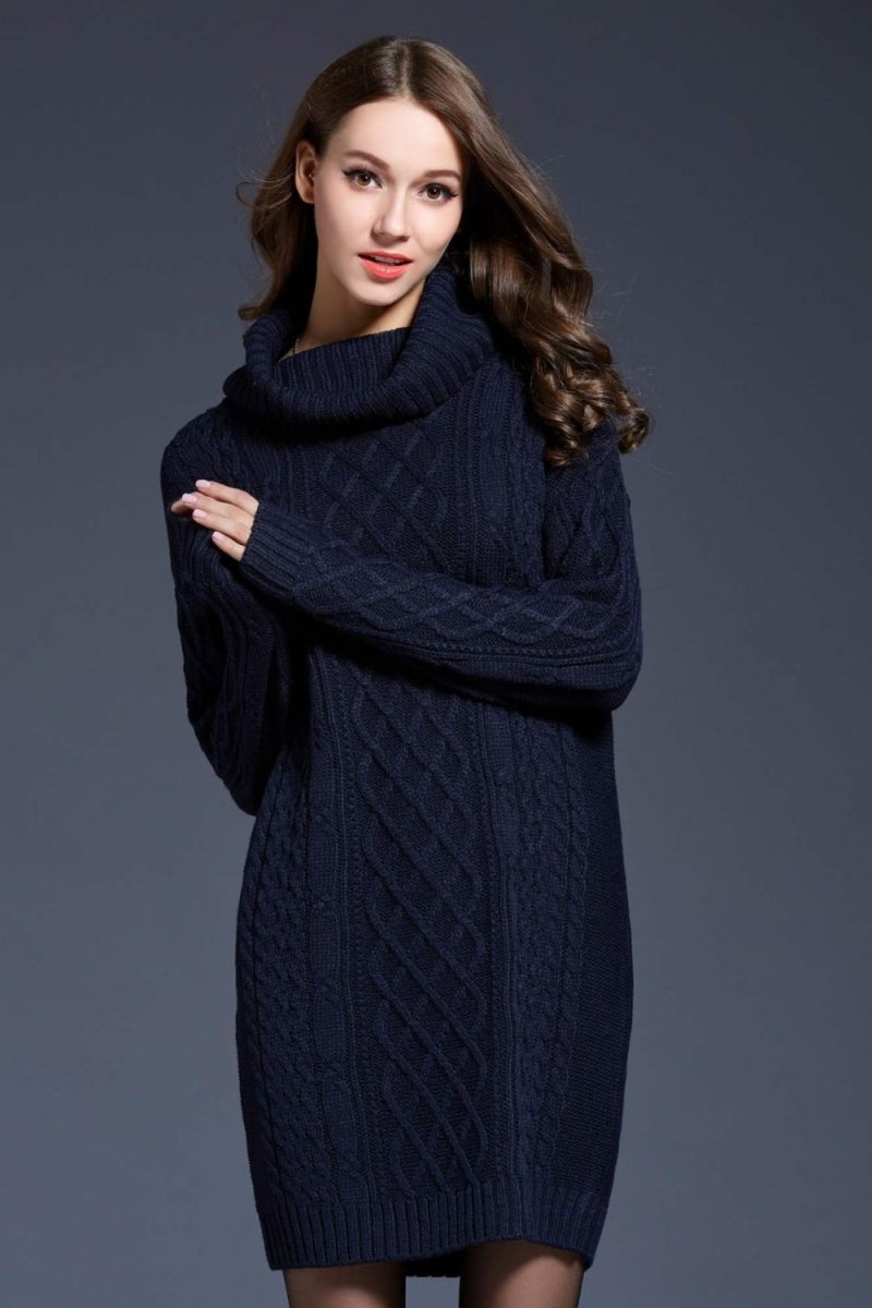Woven Right Full Size Mixed Knit Cowl Neck Dropped Shoulder Sweater Dress - Sweater Dress
