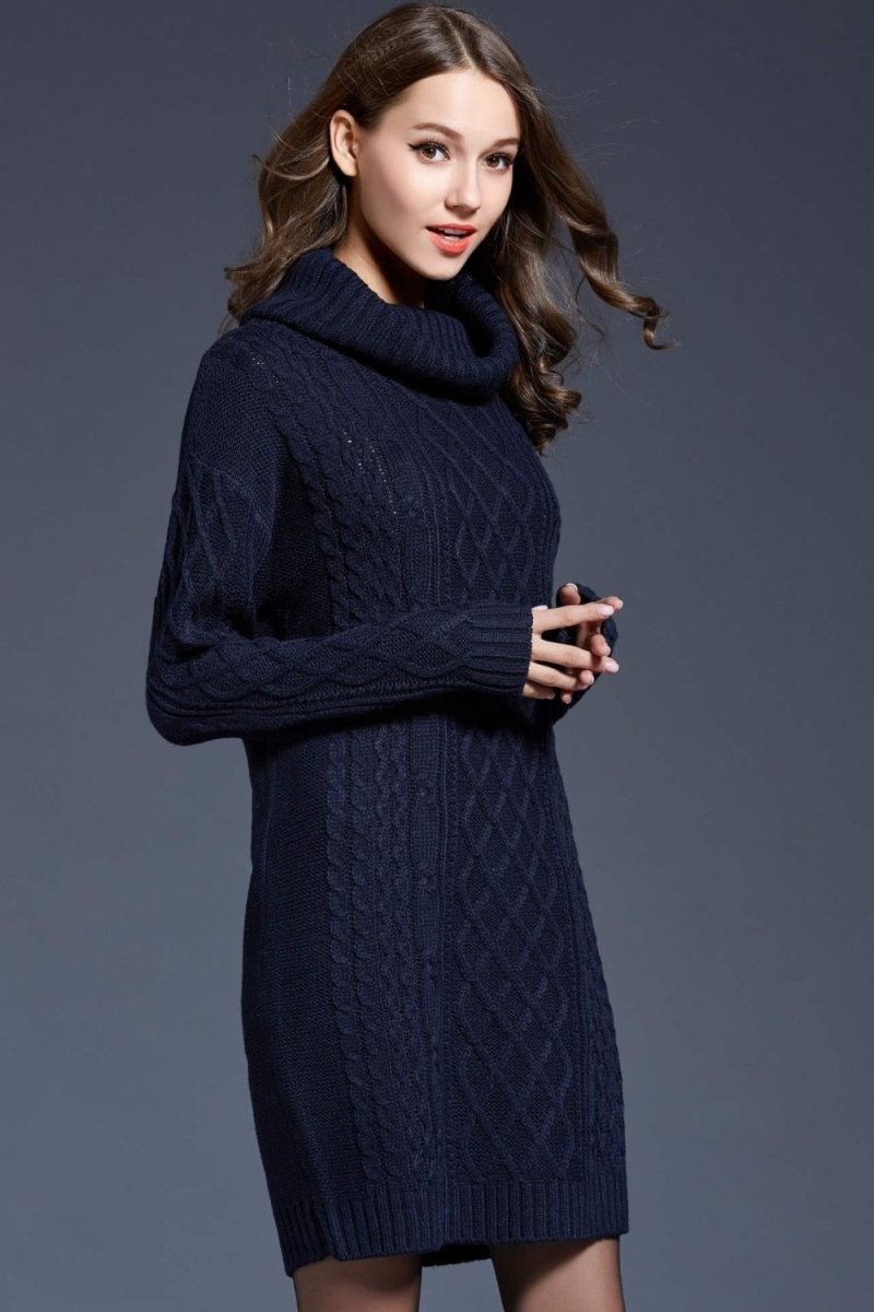 Woven Right Full Size Mixed Knit Cowl Neck Dropped Shoulder Sweater Dress - Sweater Dress