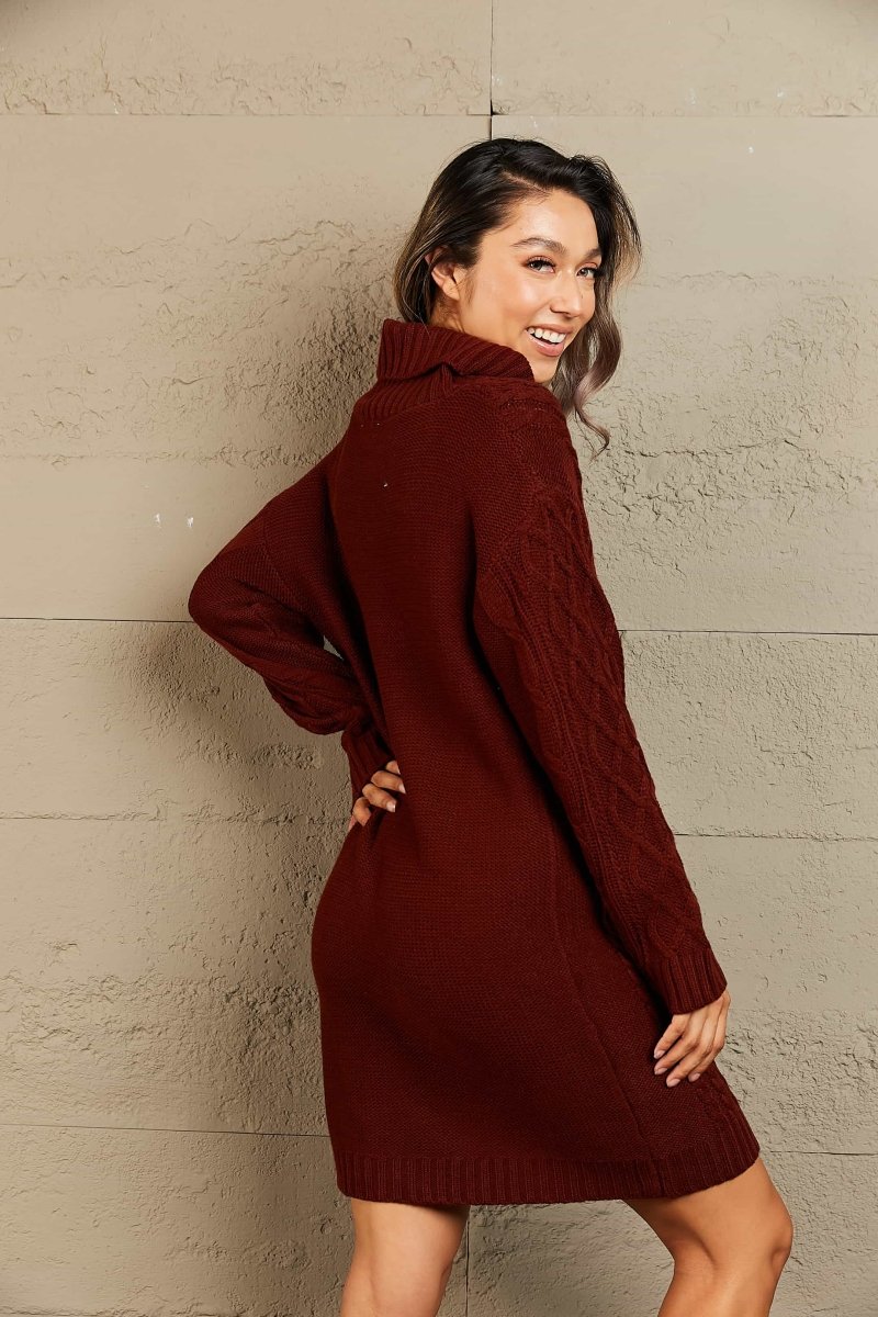Woven Right Full Size Mixed Knit Cowl Neck Dropped Shoulder Sweater Dress - Sweater Dress