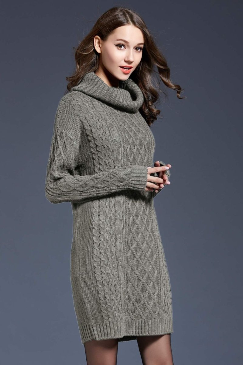 Woven Right Full Size Mixed Knit Cowl Neck Dropped Shoulder Sweater Dress - Sweater Dress