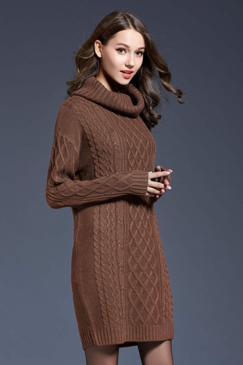 Woven Right Full Size Mixed Knit Cowl Neck Dropped Shoulder Sweater Dress - Sweater Dress