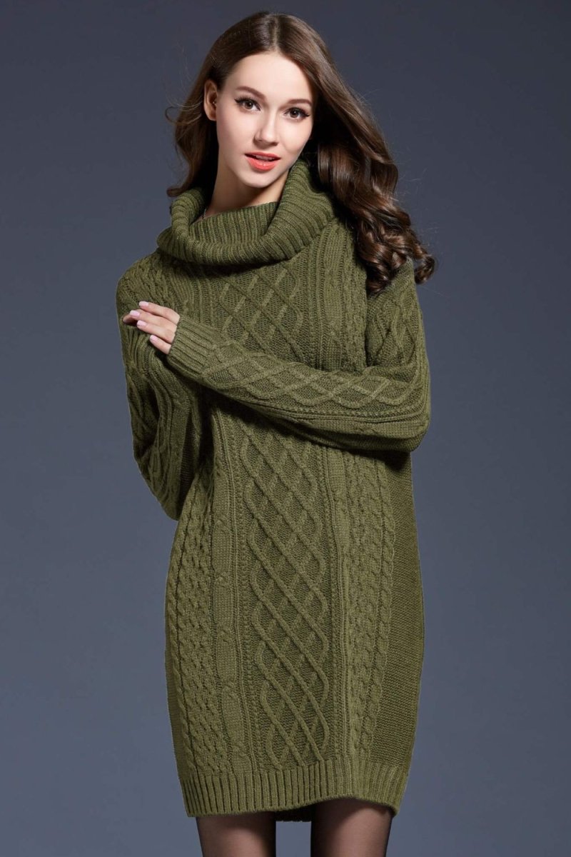 Woven Right Full Size Mixed Knit Cowl Neck Dropped Shoulder Sweater Dress - Sweater Dress