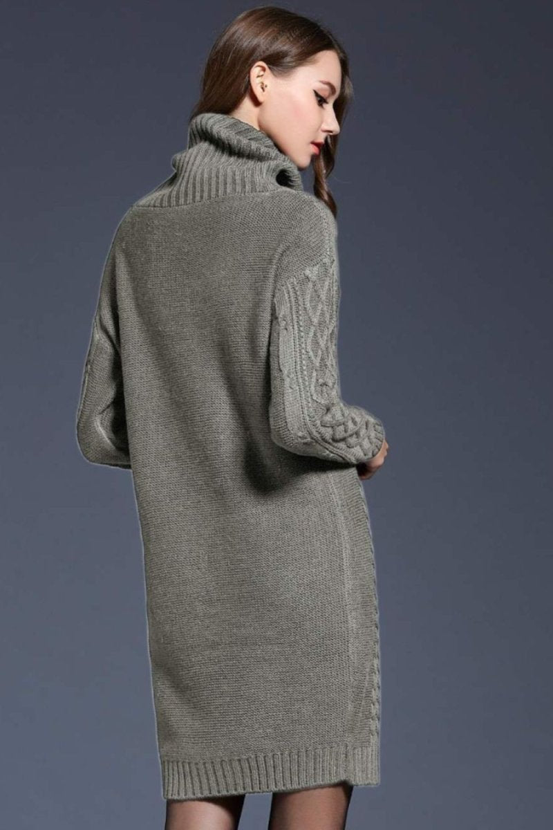 Woven Right Full Size Mixed Knit Cowl Neck Dropped Shoulder Sweater Dress - Sweater Dress