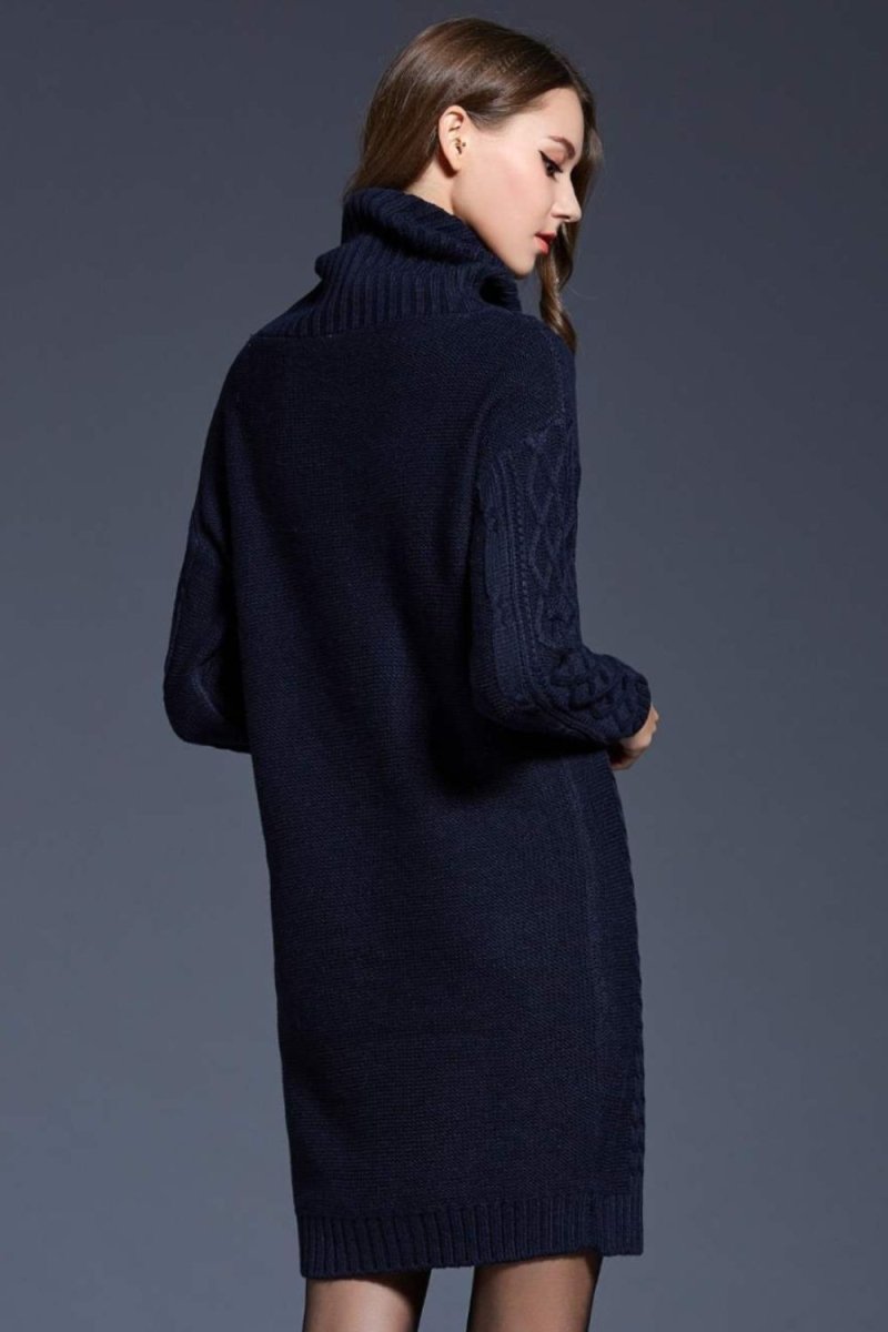 Woven Right Full Size Mixed Knit Cowl Neck Dropped Shoulder Sweater Dress - Sweater Dress
