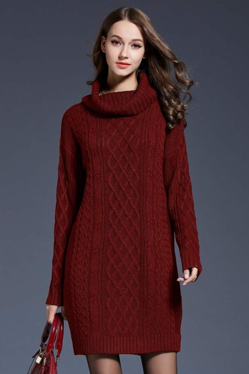 Woven Right Full Size Mixed Knit Cowl Neck Dropped Shoulder Sweater Dress - Sweater Dress